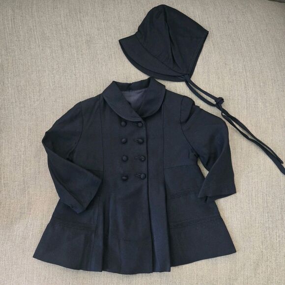 Vintage Infant Coat & Bonnet Set Navy Blue 1950s Double-Breasted Pleated - Picture 1 of 11